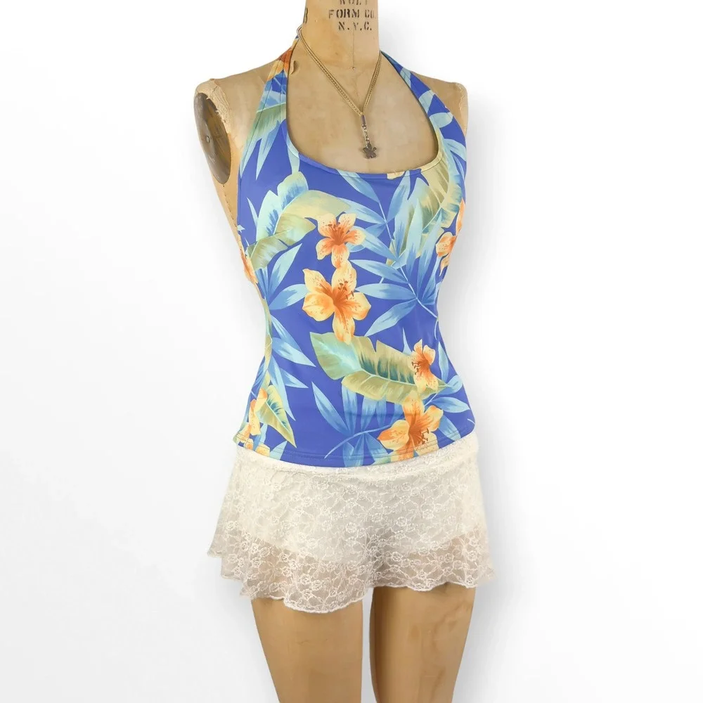 Vintage Y2K Tropical Floral Swim Halter Top Hibiscus Open Back Coconut Girl Sz L
